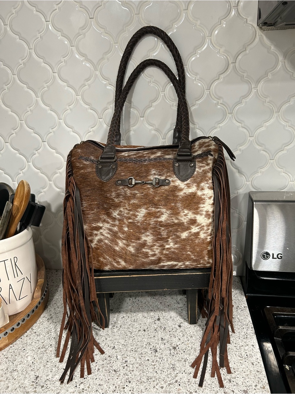 Brown Cowhide Fringe Shoulder Bag with Braided Handles